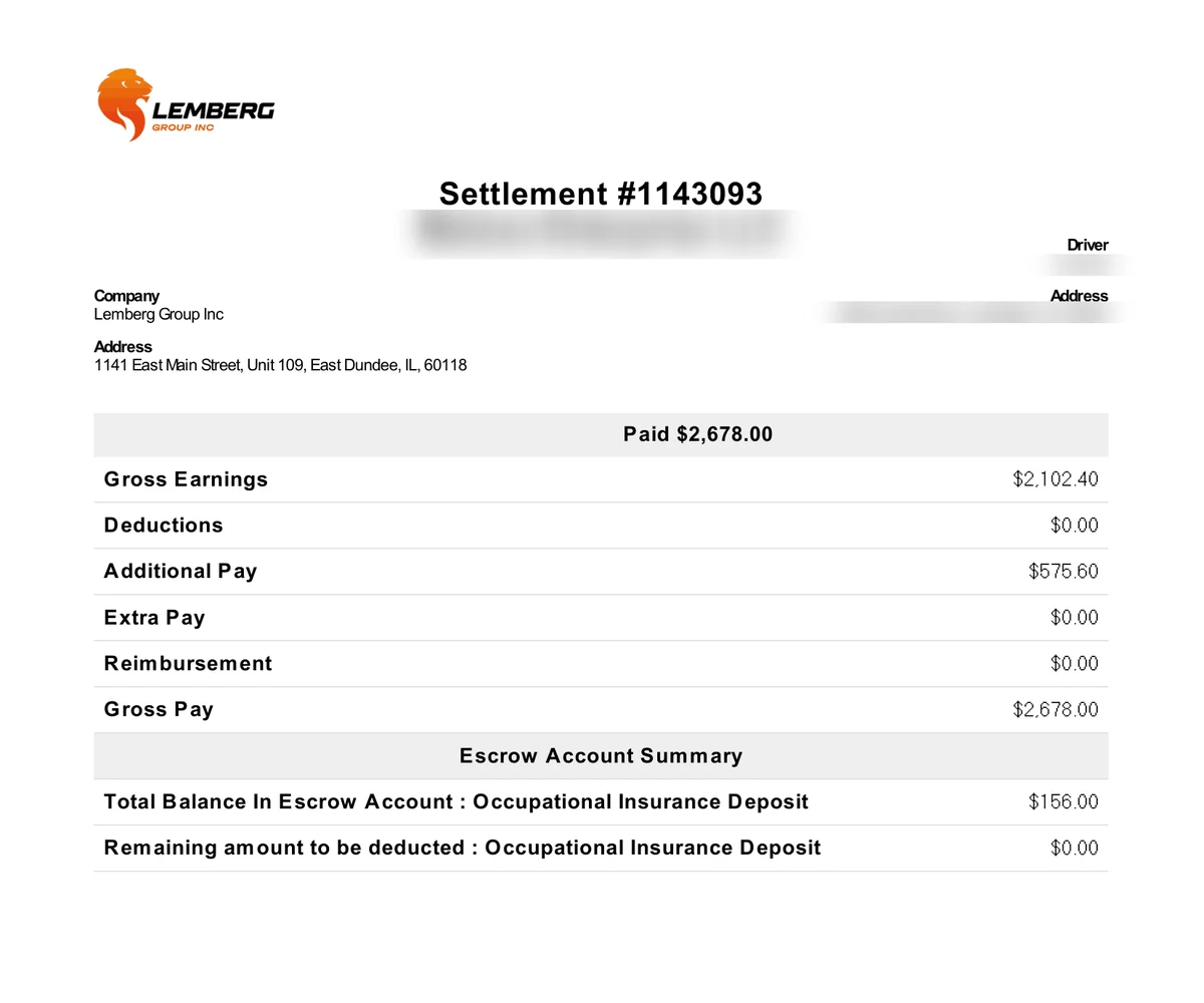 Lemberg Group settlement #1143093, paid $2,678.00 for September 8–14, 2026